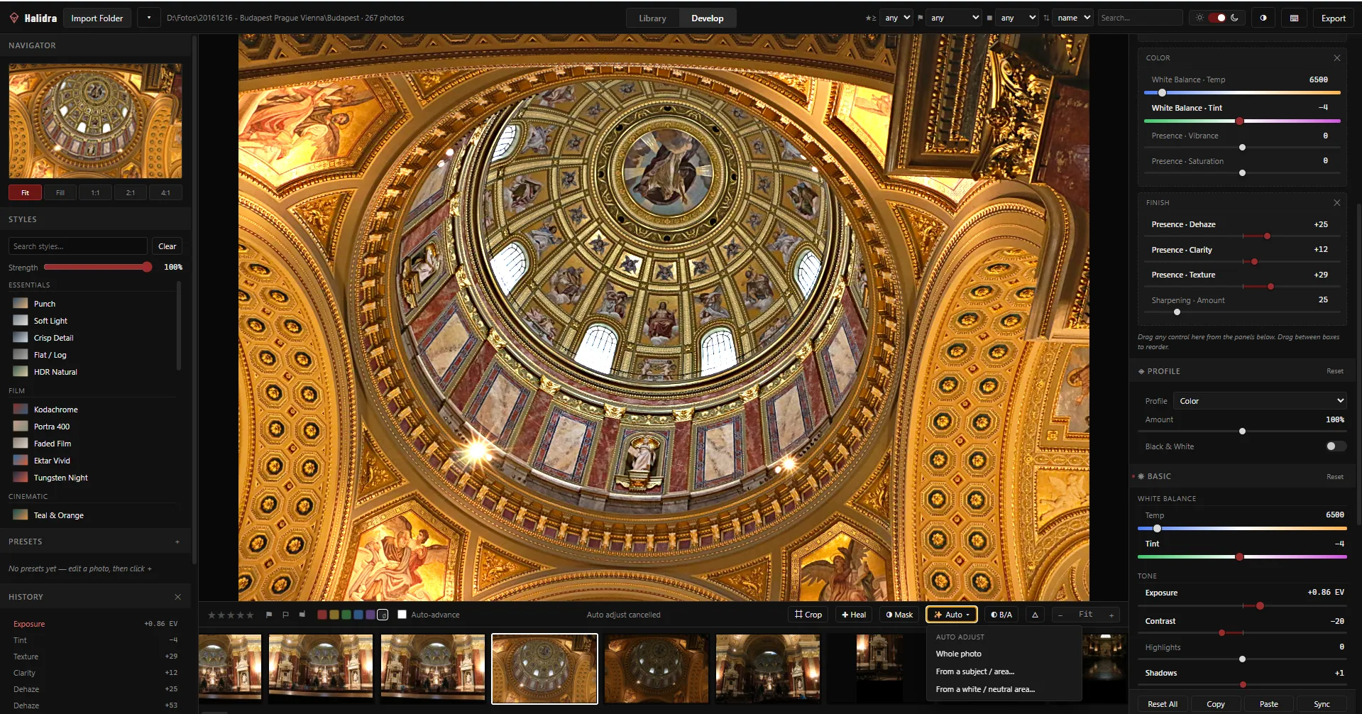 Halidra's Develop module editing a photo of a gilded basilica dome in Budapest, with the filmstrip below, the Auto adjust menu open, and Favourites and Basic panels on the right.